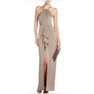 NWT BCBGMAXAZRIA $368 Milania Gown Sz 12 Color Gravel Gold Neck Chain